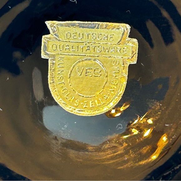 HYALITH Black Glass Vase Painted  Design Gold Bands 7.25 inches - Picture 10 of 10